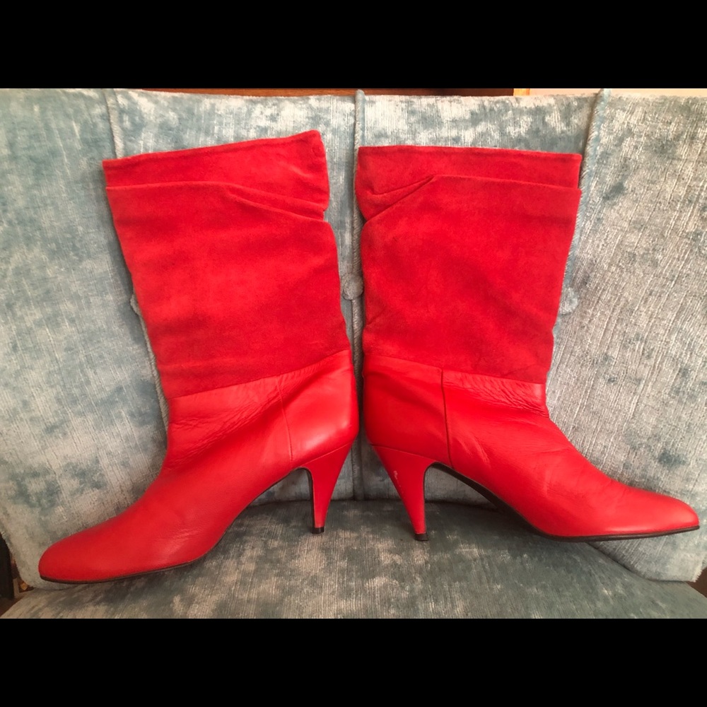 Red leather and suede boots
